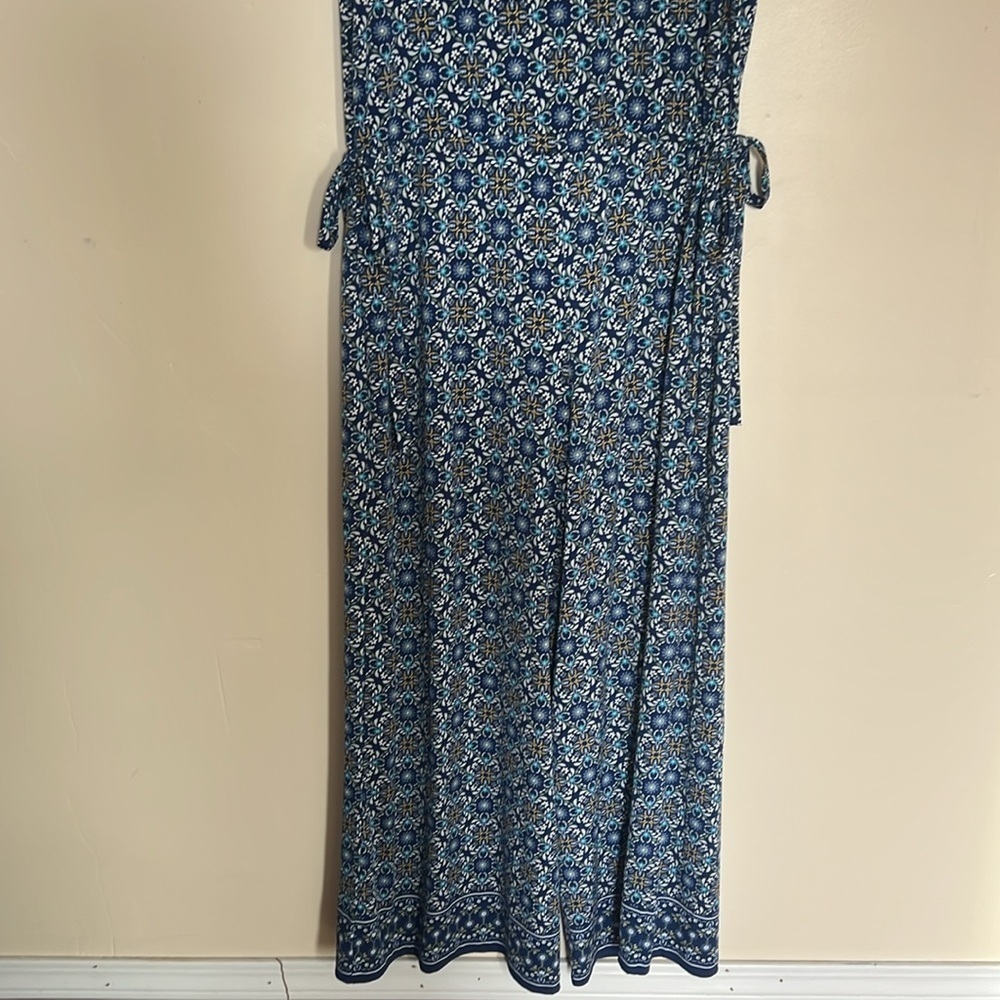 Max Studio Blue Patterned Sleeveless Jersey Jumpsuit with Ties at Waist - Size L - Picture 3 of 12